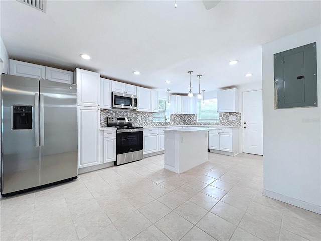 kitchen featuring pendant lighting, electric panel, white cabinets, and stainless steel appliances