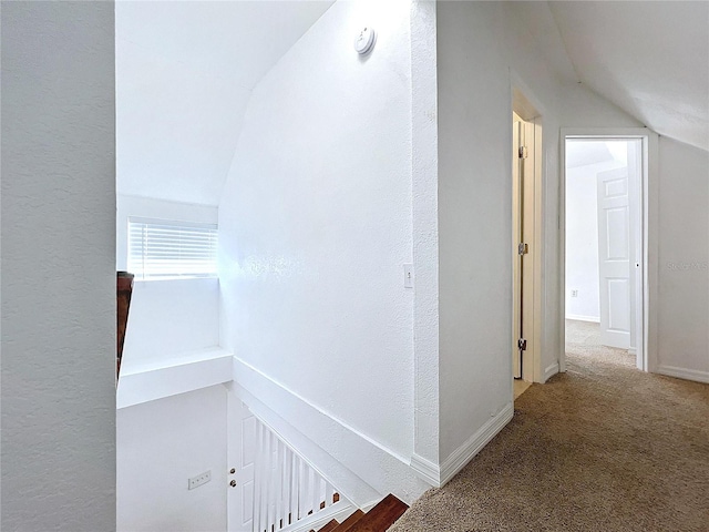 1010 Martin Luther King Jr Blvd, Bartow, FL 33830 - corridor featuring vaulted ceiling, carpet flooring, a textured wall, baseboards, and an upstairs landing