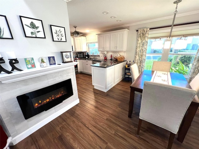 kitchen featuring white cabinets, ornamental molding, tasteful backsplash, decorative light fixtures, and dark hardwood / wood-style flooring