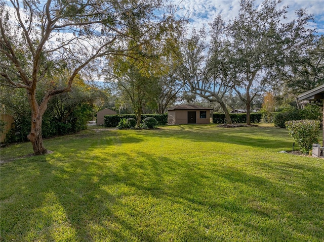 view of yard featuring a storage shed