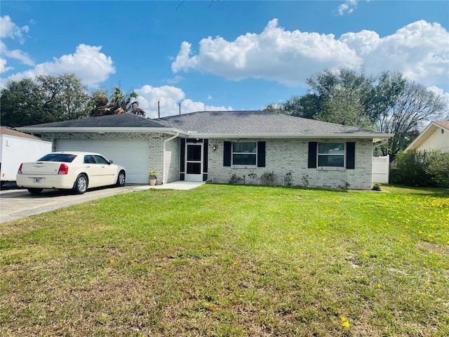 ranch-style home with a garage and a front lawn