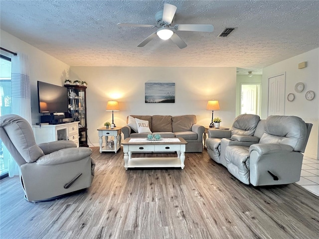 living room with a healthy amount of sunlight, light wood finished floors, and a textured ceiling