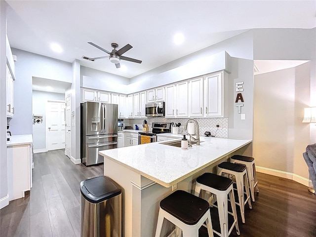 kitchen featuring tasteful backsplash, a sink, appliances with stainless steel finishes, a ceiling fan, and a peninsula