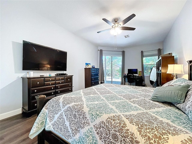 bedroom featuring access to outside, a ceiling fan, visible vents, baseboards, and dark wood-style floors