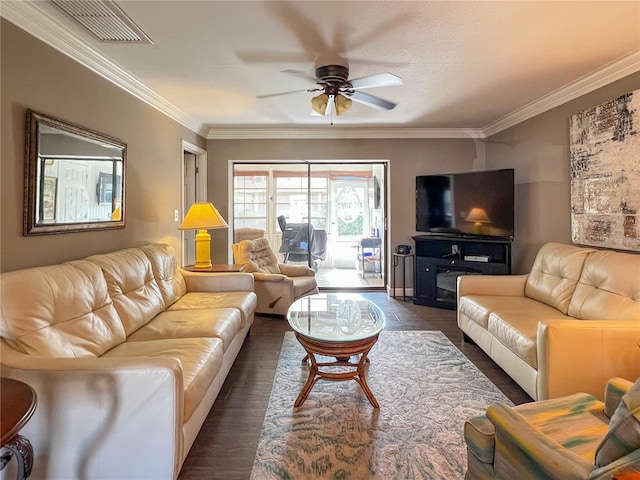 3804 Perugia Ave, Sebring, FL 33872 - living room featuring a ceiling fan, dark wood-style flooring, and crown molding