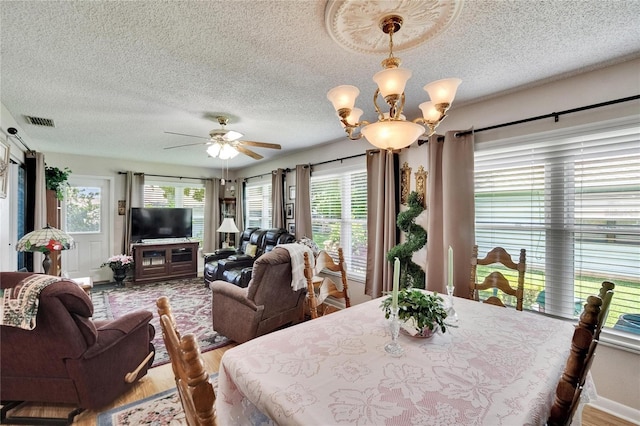 3154 Prairie Dunes Cir W, Lakeland, FL 33810 - dining room featuring healthy amount of natural light, a textured ceiling, wood finished floors, and a chandelier