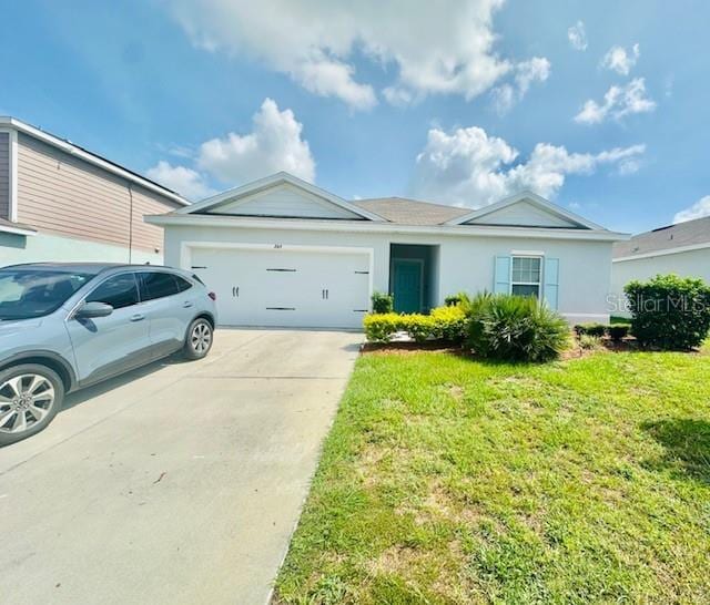 264 Fiddlewood Ct, Davenport, FL 33837 - ranch-style house with a garage, a front lawn, concrete driveway, and stucco siding