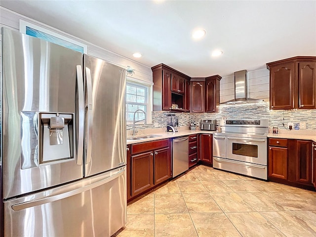 4966 Foxrun Ln, Lakeland, FL 33813 - kitchen featuring stainless steel appliances, wall chimney range hood, light countertops, backsplash, and recessed lighting