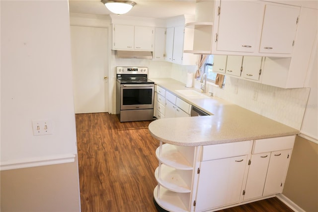 733 Oleander Dr SE, Winter Haven, FL 33880 - kitchen featuring stainless steel electric stove, open shelves, dark wood finished floors, and light countertops