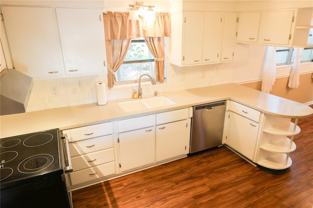 733 Oleander Dr SE, Winter Haven, FL 33880 - kitchen with stainless steel dishwasher, dark wood finished floors, electric range oven, and white cabinets