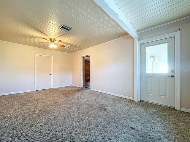 1711 Estes Rd, Bartow, FL 33830 - entrance foyer with wooden ceiling, carpet flooring, and a ceiling fan