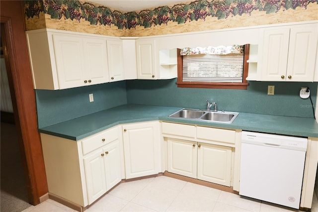 111 Deen Blvd, Auburndale, FL 33823 - kitchen with white dishwasher, open shelves, white cabinetry, and light tile patterned floors