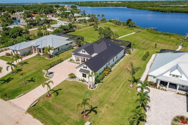 birds eye view of property featuring a water view