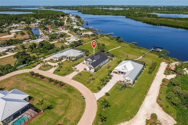 drone / aerial view featuring a water view