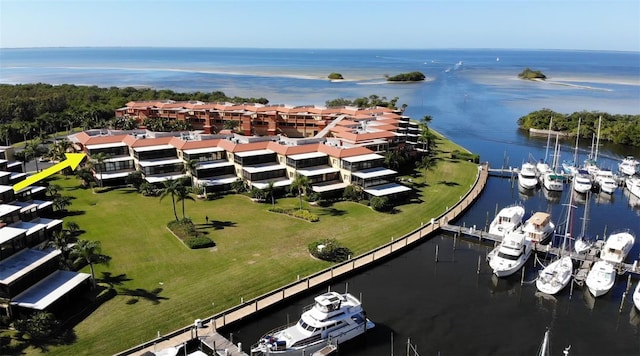 drone / aerial view with a water view