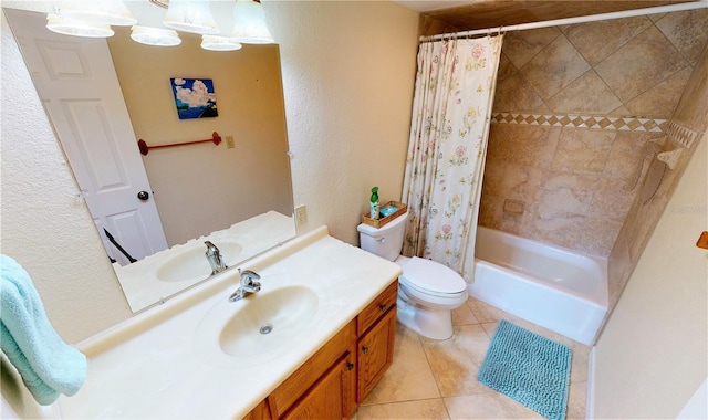 full bathroom featuring vanity, tile patterned flooring, toilet, and shower / tub combo with curtain