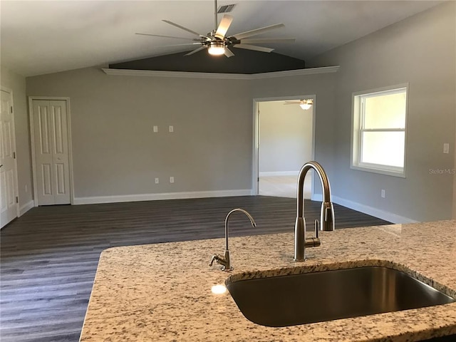 kitchen featuring dark wood-type flooring, light stone counters, ceiling fan, and sink