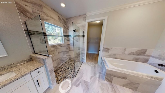 bathroom with tile flooring, ornamental molding, vanity, and independent shower and bath