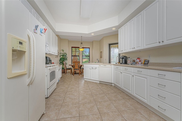 kitchen featuring pendant lighting, light tile floors, white appliances, white cabinetry, and sink