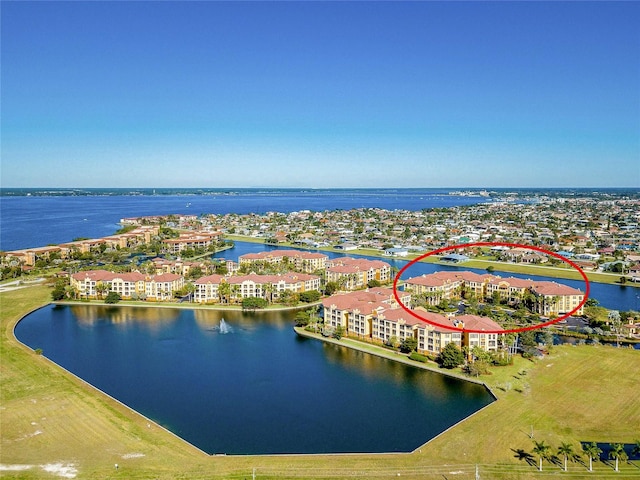 aerial view featuring a water view