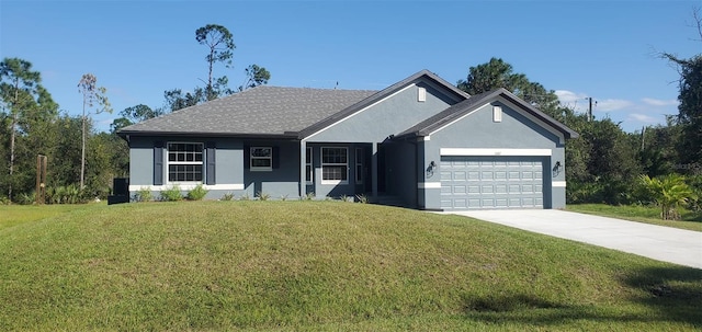 ranch-style home with a garage and a front yard