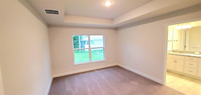 carpeted spare room with a raised ceiling