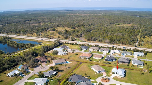 bird's eye view with a water view