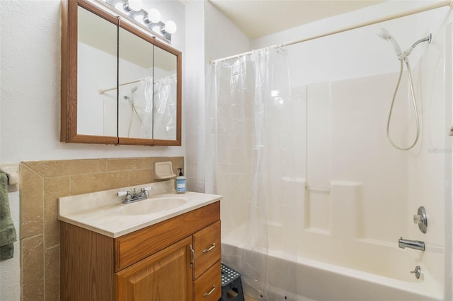 bathroom featuring shower / bath combination with curtain and oversized vanity