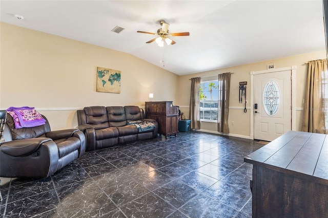 tiled living room with lofted ceiling and ceiling fan