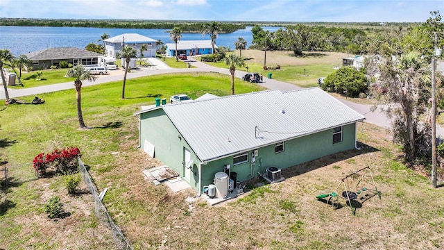 aerial view featuring a water view