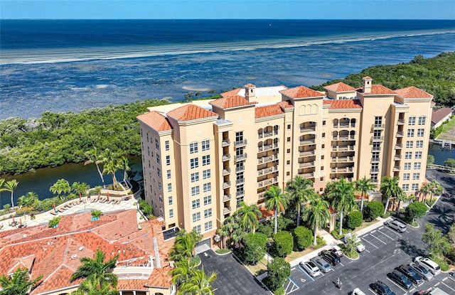 aerial view featuring a water view