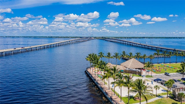 bird's eye view with a water view