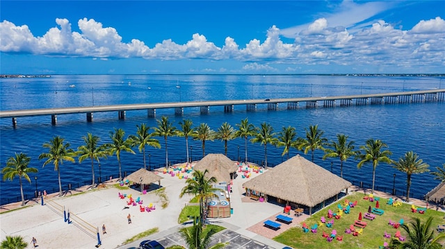 birds eye view of property featuring a water view