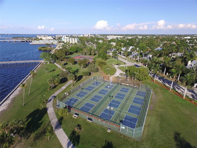 bird's eye view with a water view