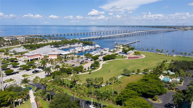 birds eye view of property featuring a water view