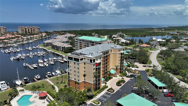 aerial view featuring a water view