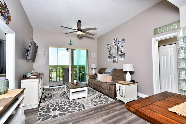 living room featuring ceiling fan and dark hardwood / wood-style floors