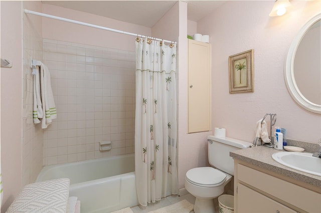 full bathroom with toilet, vanity, and shower / bath combo with shower curtain