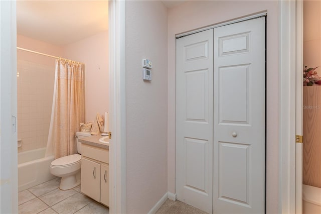 full bathroom with toilet, vanity, shower / bathtub combination with curtain, and tile patterned flooring