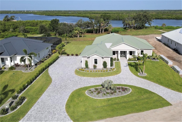 bird's eye view with a water view