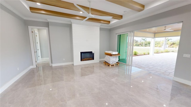 unfurnished living room with ceiling fan, ornamental molding, beamed ceiling, and a fireplace