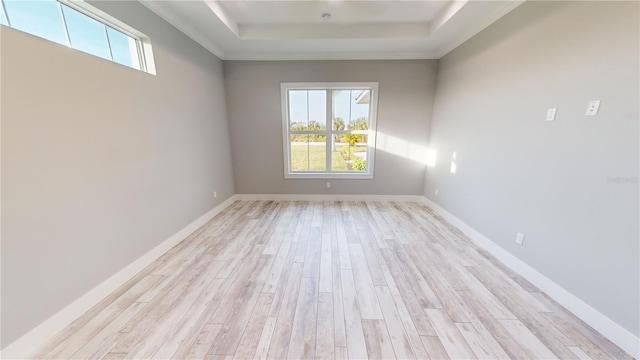 spare room with ornamental molding, light hardwood / wood-style flooring, and a raised ceiling