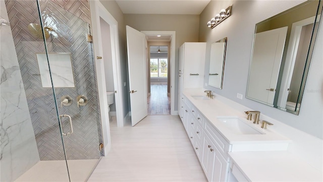 bathroom with toilet, vanity, and a shower with shower door