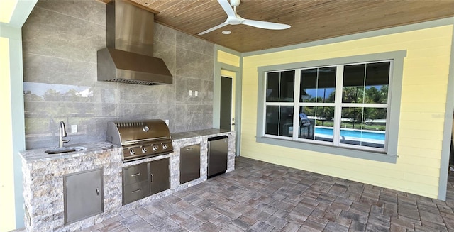 view of patio / terrace with grilling area, ceiling fan, exterior kitchen, and sink