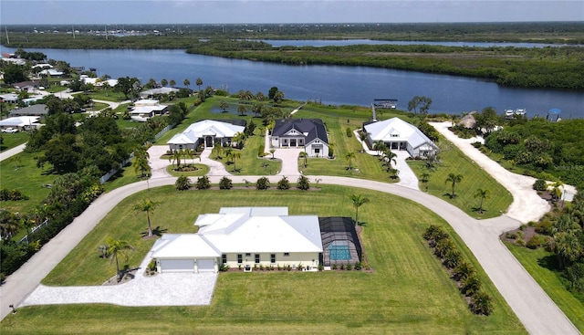 bird's eye view with a water view