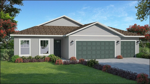 single story home featuring a front yard and a garage