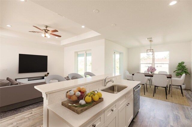 kitchen with light hardwood / wood-style flooring, white cabinets, a raised ceiling, a kitchen island with sink, and sink