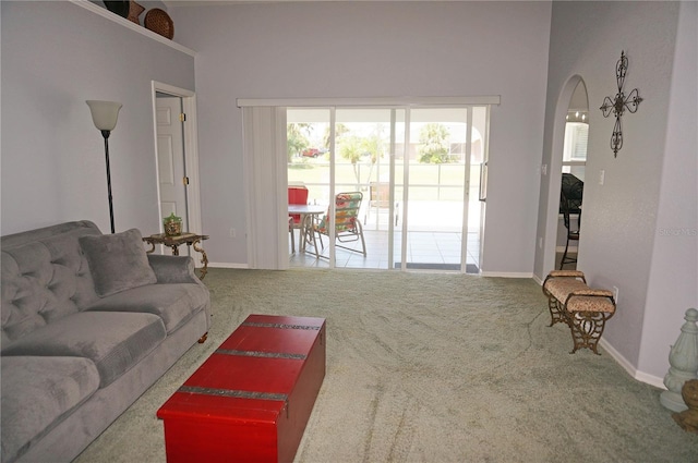 carpeted living room featuring a high ceiling