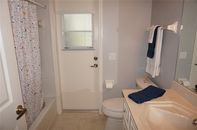 full bathroom featuring vanity, tile floors, shower / bath combo, and toilet