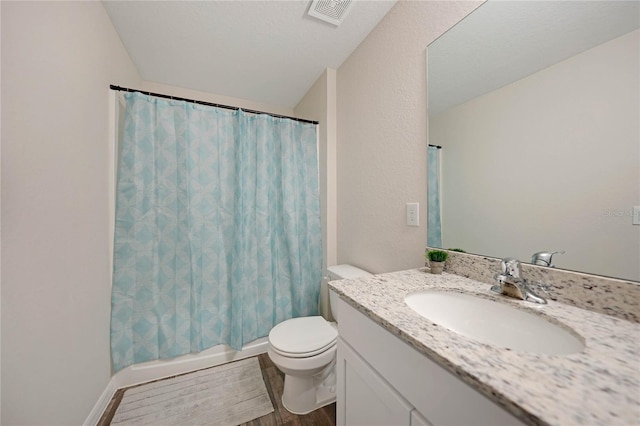 bathroom featuring vanity, wood-type flooring, and toilet